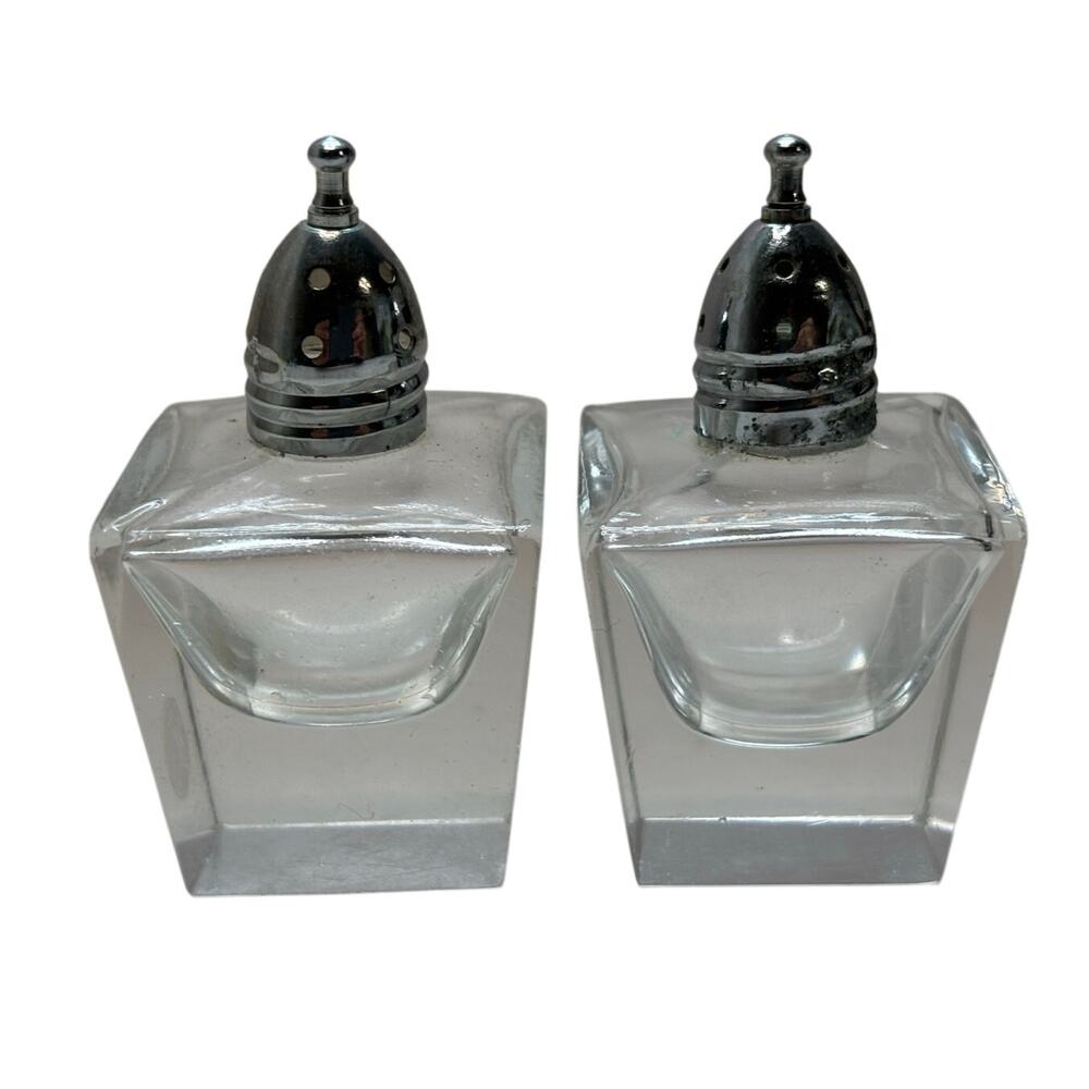 Vintage Knobler Co Japan Clear Glass Salt and Pepper Shakers Square AS IS